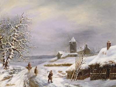 Winters tafereel met figuren door Louis Claude Mallebranche